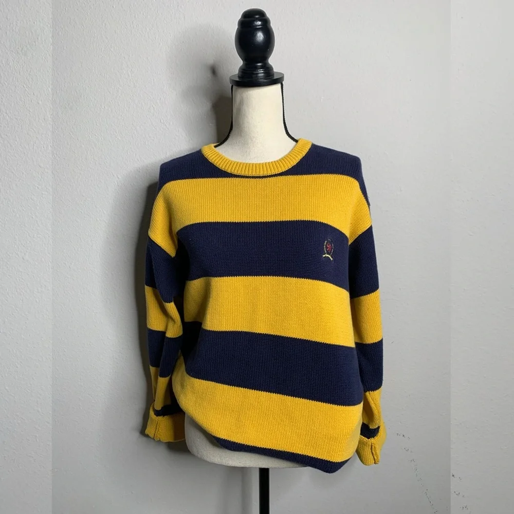 Tommy Hilfiger Vintage Oversized Navy & Yellow Striped Crewneck Pullover Sweater